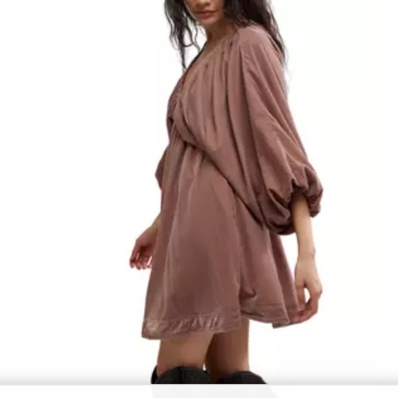 FREE PEOPLE PORTIA VELVET SLOUCHY BABYDOLL DRESS XL DUSTY TAUPE ROSE - Picture 2 of 6